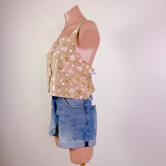 BP Sophie Floral Square Neck Linen Smocked Crop Tank Top Beige Tan Size 1X NWT - Picture 4 of 9